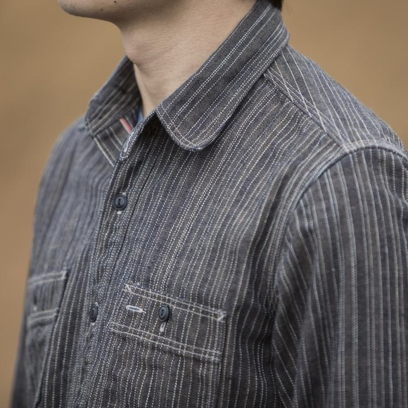 Gustin #8 Japan Wabisabi Workshirt Gray Stripe Button Down Shirt Long Sleeve XXL - Picture 2 of 9
